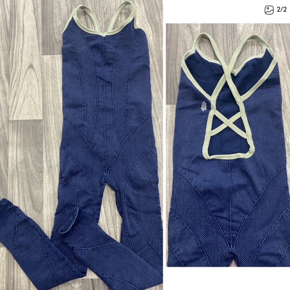 Free People Movement Hang With Me Navy Blue Strappy Onesie
